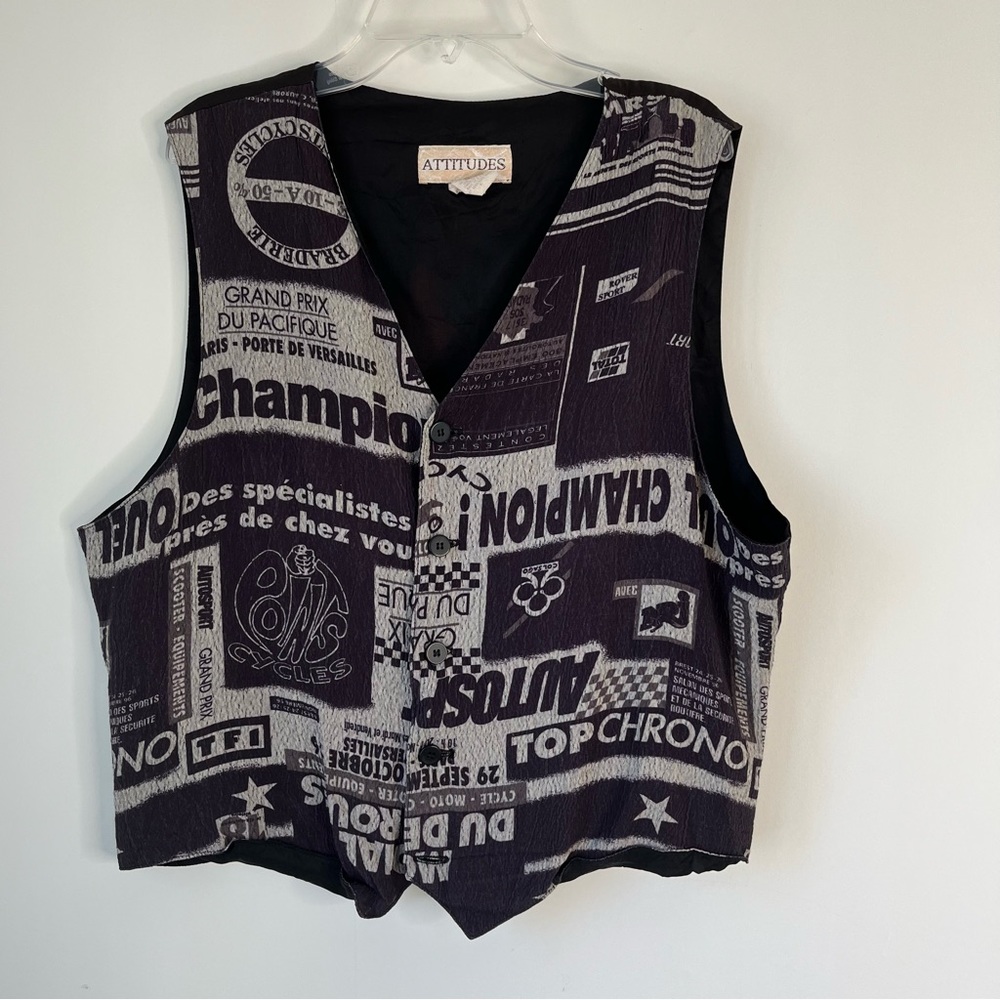 Vintage Attitudes French Graphic Print Navy Button Front Vest
